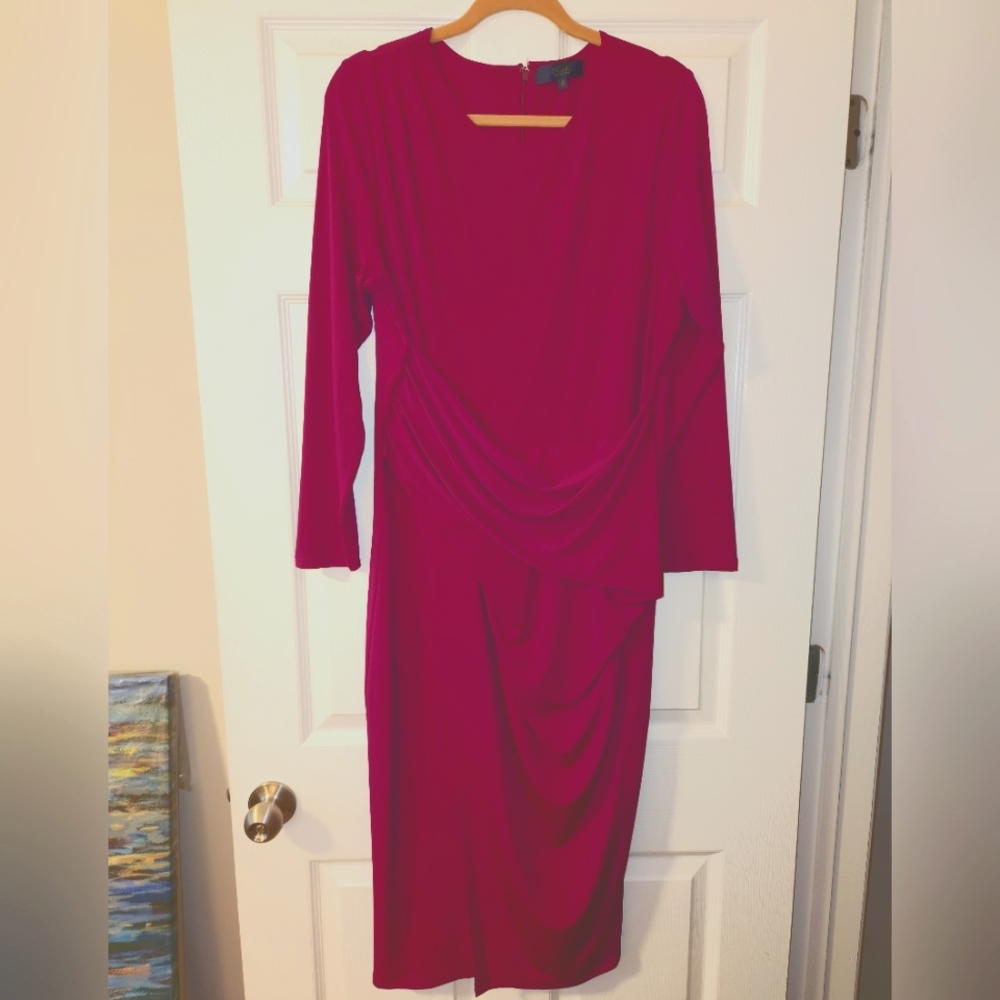 Never worn, figure flattering Rachel Roy vibrant magenta midi dress w draping.